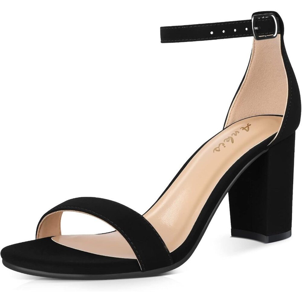 〽️Womens Black Nubuck Open Toe Ankle Strap Chunky Heel Sandals w\ 2.75 Inch Heel